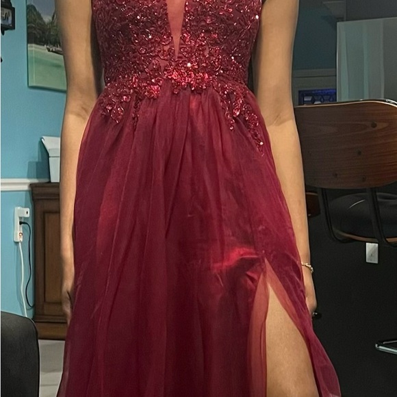 wine red prom dress Wine Red Lace Plunge V Lace-Up A-Line Prom Dress
